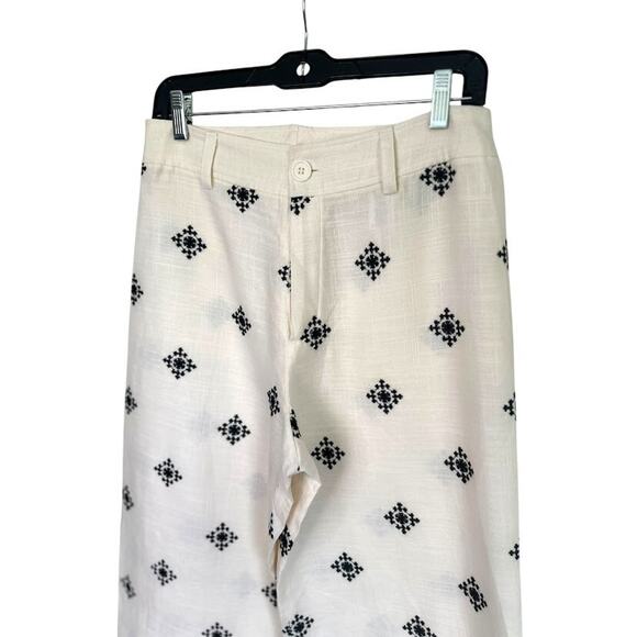 Elie Tahari Women’s Linen Blend Embroidered Wide Leg Cropped Pants Boho Cream 6 - Picture 5 of 10